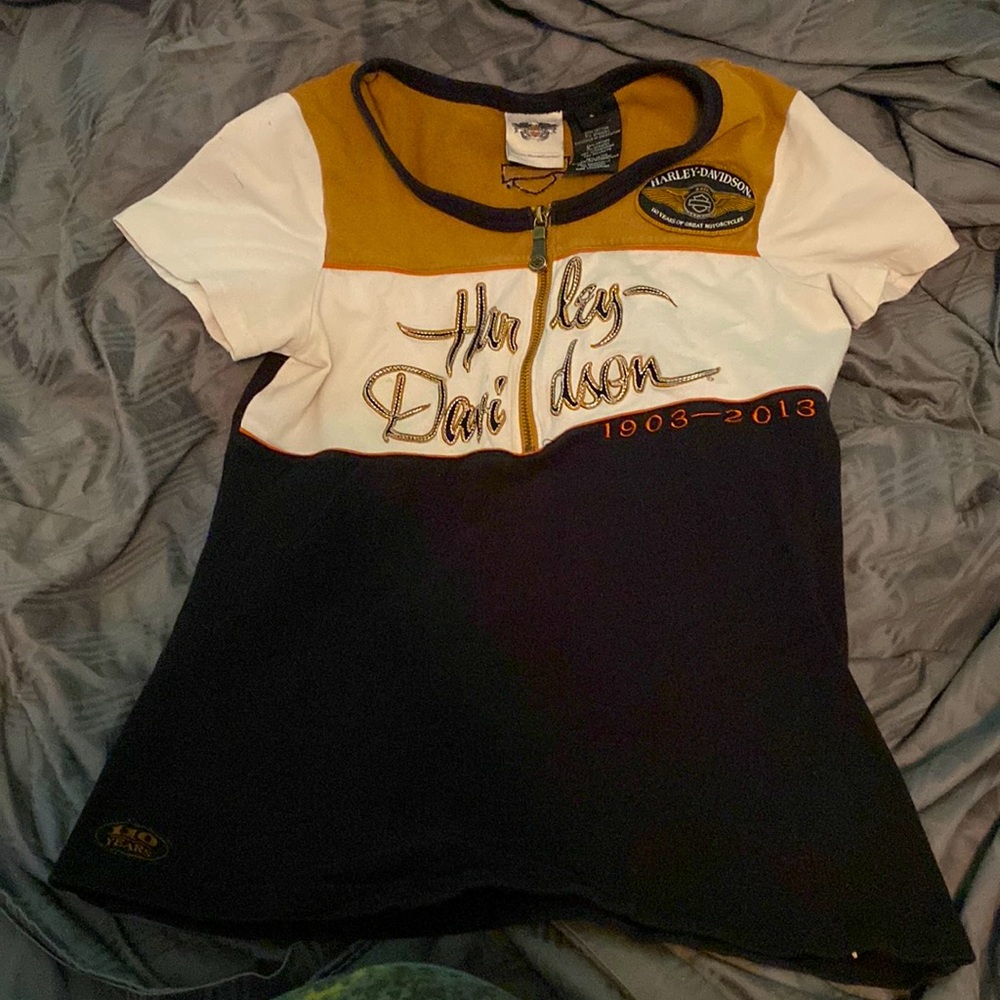 Genuine Harley Davidson Small Ladies Zip Bust Tee in Brown, White, Black